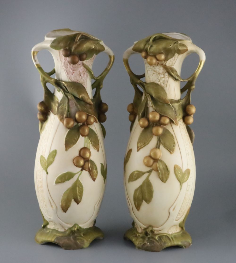 A pair of tall Royal Dux Art Nouveau two handled vases, early 20th century, H.47.5cm